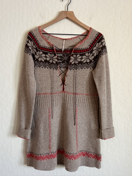 Free People Dresses & Skirts - Free People Wool Fair Isle Nordic Lace Up Long Sleeve Knit Sweater Dress Medium